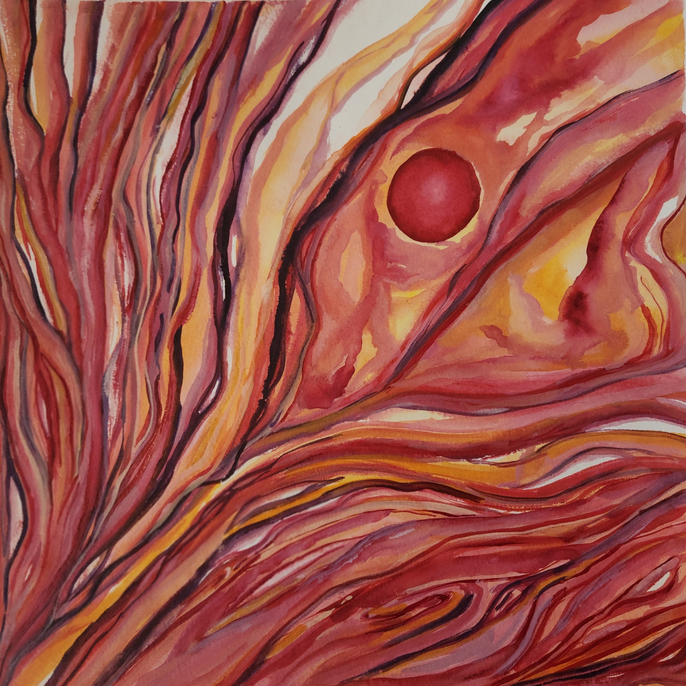 Abstract watercolor artwork with flowing red, rust, gold, and plum forms surrounding a deep red circle