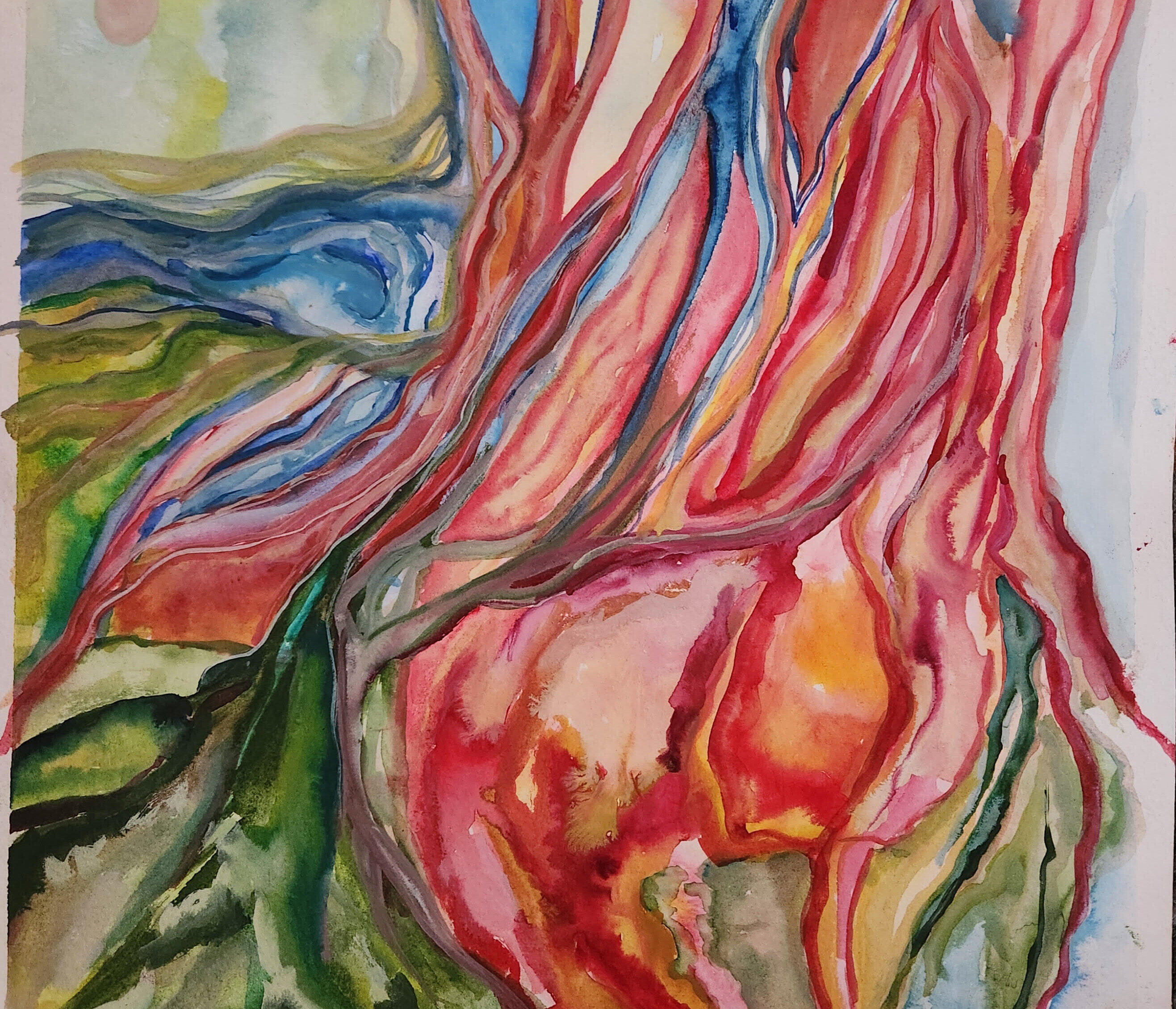 A colorful watercolor painting of a tree and its roots